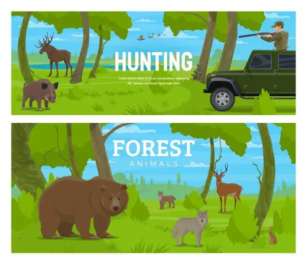 Vector illustration of Forest animals and birds, hunting sport banners