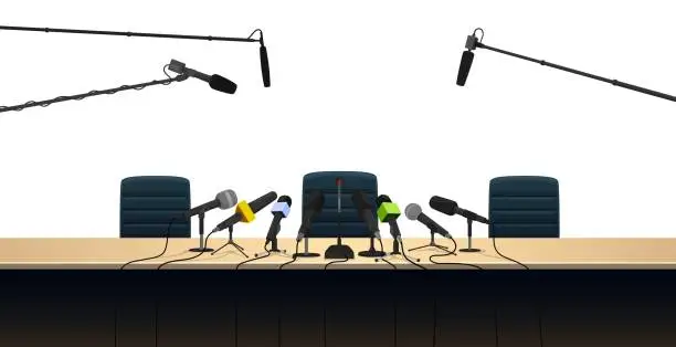 Vector illustration of Microphones and press conference interview table