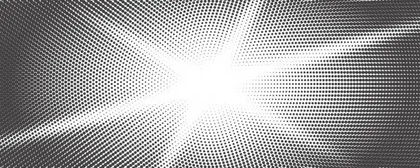 Vector illustration of Sun rays halftone background. White and grey radial abstract comic pattern. Vector explosion abstract manga backdrop