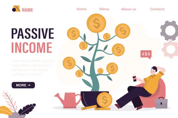 Vector illustration of Money tree brings high earnings. Passive income, male investor relaxes and looks at growth of money plant. Businessman receives dividends, payments, royalties.