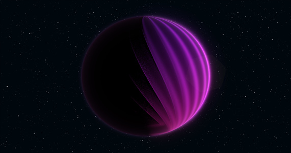 Abstract realistic planet purple hi-tech luminous round sphere in space against the background of stars.