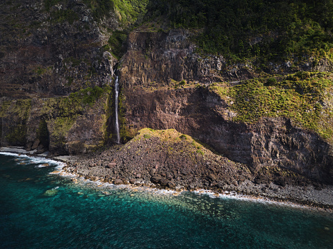Drone point of view of the Véu da Noiva waterfall in Madeira, Portugal.