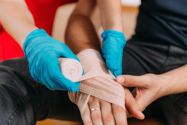 Arm cut First Aid course. Treating arm cuts effectively in informative first aid course. stock photo