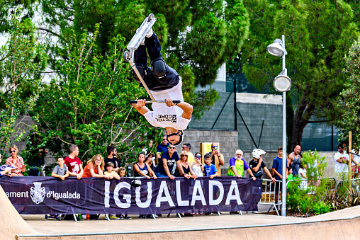 Igualada, Barcelona; July 16, 2023: Championship of Catalonia of Scooter Street, Park Junior and About, in the Skate Park of Igualada