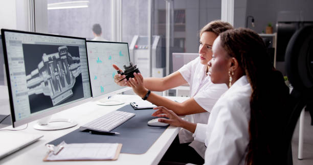 Factory Engineers Doing Industrial Research Factory Engineers Doing Industrial Research. 3D Manufacturing computer aided design stock pictures, royalty-free photos & images
