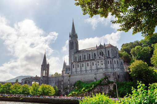View of the cathedral in Lourdes city, France
