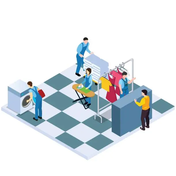 Vector illustration of People working in Dry Cleaning Laundry
