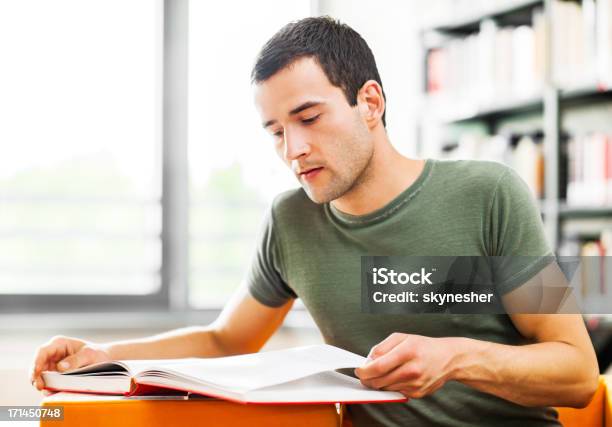 Männliche Schüler Studieren In Der Bibliothek Stockfoto und mehr Bilder von Akademisches Lernen - Akademisches Lernen, Bibliothek, Bildung