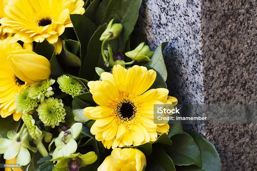 Closeup yellow daisys on granite stone, copy space Closeup yellow daisys laying on granite headstone, full frame horizontal composition with copy space Flower Stock Photo