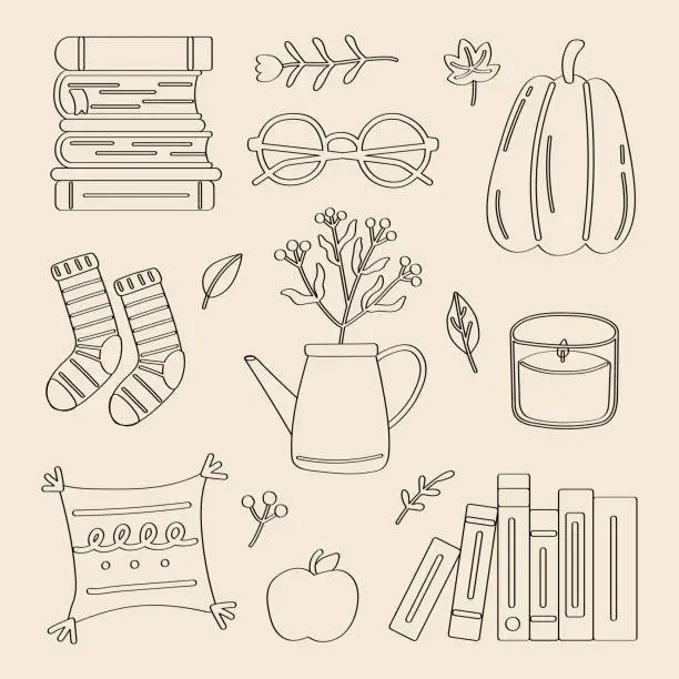 Vector illustration of Lined Hand drawn cute hygge autumn home cozy elements Scandinavian style book socks pillow candle leaves flower apple eyeglasses pumpkins fall season illustration
