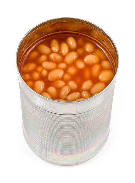 Open can of Baked Beans on a white background