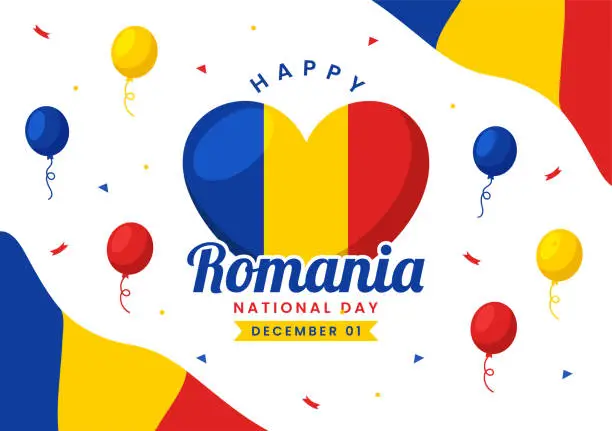 Vector illustration of Romania National Day Vector Illustration on 1st December with Waving Flag Background in Romanian Great Union Memorial holiday Flat Cartoon Design