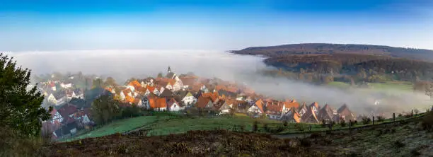 Beautiful view near town of Schieder-Schwalenberg in the state of North Rhine-Westphalia in Germany, landscape with fog