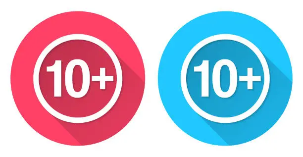 Vector illustration of 10+ Ten plus sign - Age restriction. Round icon with long shadow on red or blue background