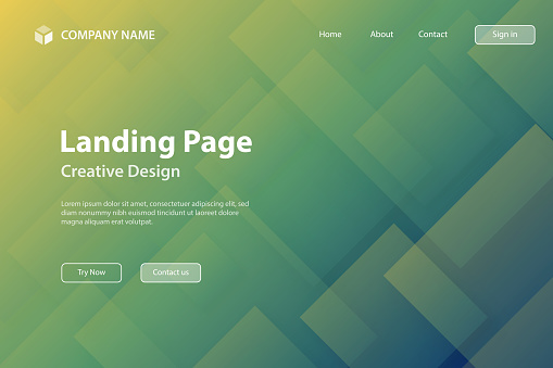 Landing page template for your website. Modern and trendy background. Abstract geometric design with transparent squares and a beautiful color gradient. This illustration can be used for your design, with space for your text (colors used: Yellow, Green, Blue). Vector Illustration (EPS file, well layered and grouped), wide format (3:2). Easy to edit, manipulate, resize or colorize. Vector and Jpeg file of different sizes.