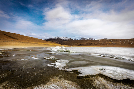 Nature's artistry on display at Kyagar Tso Lake in Ladakh, with ice formations along the shore, under an overcast sky, and distant snowcapped peaks