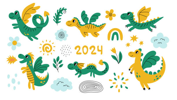 ilustrações, clipart, desenhos animados e ícones de bonito vetor dragões conjunto infantil - monster set pattern green