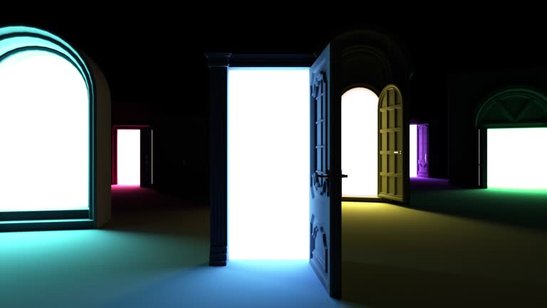 Exploration of Web 3.0 and Metaverse: From a shadowy void to a realm of lit doors. Camera gravitates to a particular entry, signifying choice.