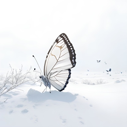 A rare butterfly with white and black wings sets against a beautiful white backdrop.