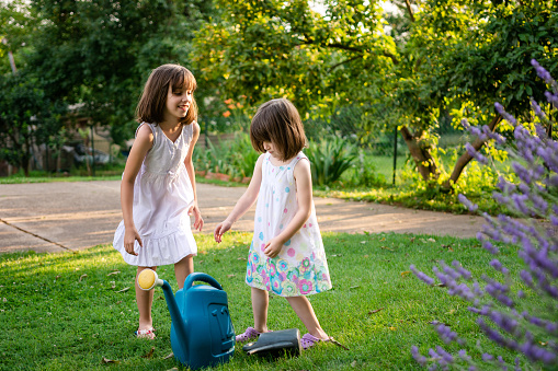 Two little girls are watering flowers during a spring day in the yard