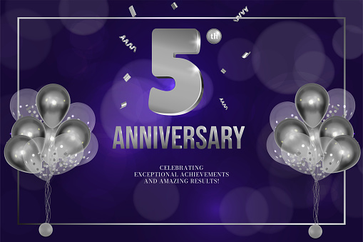 Anniversary celebration flyer silver numbers dark background with balloons vector 5