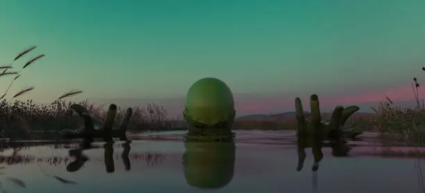 Photo of Creepy green ghoul demon lurking water eyes Halloween horror sunset