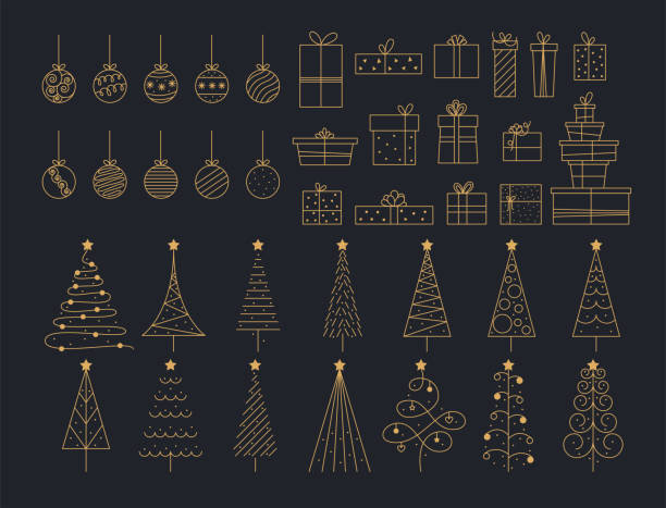 illustrations, cliparts, dessins animés et icônes de grand ensemble de nouvelles années et de noël trait modifiable. élégants éléments de design d’art gold line. dessinez des sapins de noël, des boules de noël et des boîtes-cadeaux. - sapin