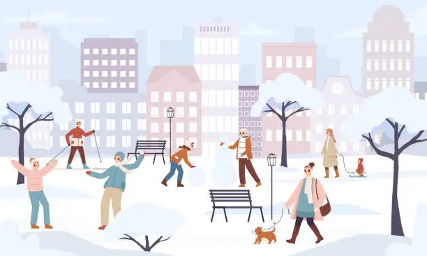Vector illustration of Active people in winter park. Teenager crowd walking, playing snowball. Family activity in snowy frozen day in city, sledding and skiing. Snugly vector scene