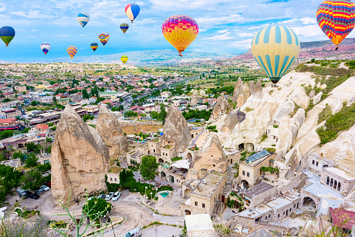 Air balloons in Unique natural place in Cappadocia - Valley of Love, Turkiye.
