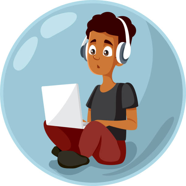 Boy Typing on his Laptop Being in an Internet Bubble Vector Illustration Teenager feeling comfortable in his own private internet space using technology computer addiction stock illustrations