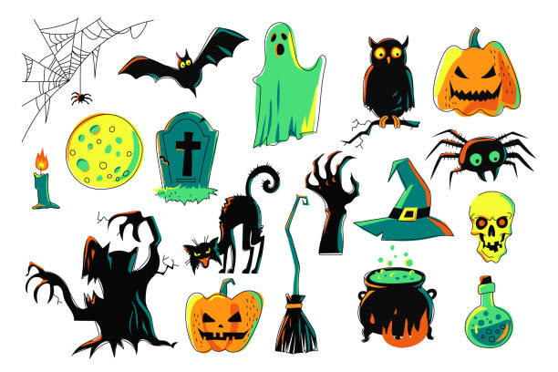 ilustrações de stock, clip art, desenhos animados e ícones de halloween graphic elements isolated. spider, bat, ghost, owl, pumpkin, grave, cat, broom, dead man's hand, hat, skull, witch cauldron, bottle of poison and others. spooky and colorful. hand drawn set. - witch halloween cauldron bat