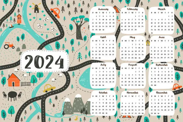 Vector illustration of 2024 kid's calendar with cartoon map. Vector illustration with roads, cars and rivers for playroom decoration. Week starts on Sunday.