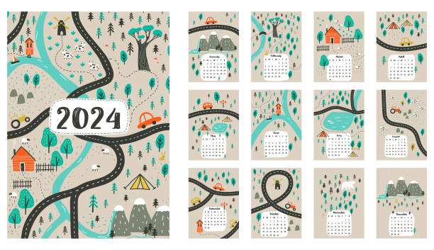 Calendar 2024 with cute countryside maps. Separate page for every month. Week starts on Sunday. Calendar 2024 with cute countryside maps. Separate page for every month. Week starts on Sunday. nature calendar stock illustrations