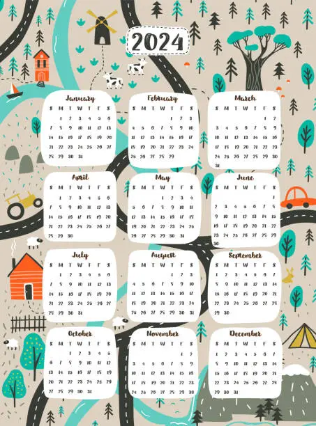 Vector illustration of Kid's annual calendar 2024 with cute map -  roads, cars and forest. Vector illustration for playroom decoration. Week starts on Sunday.