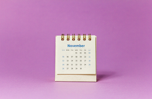Desktop calendar for November 2023 on the table.Calendar for planning and management