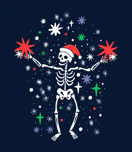 Vector illustration of Skeleton in red hat with colorful stars and snowflakes. Vector illustration for Christmas and New Year decoration isolated on dark blue background.