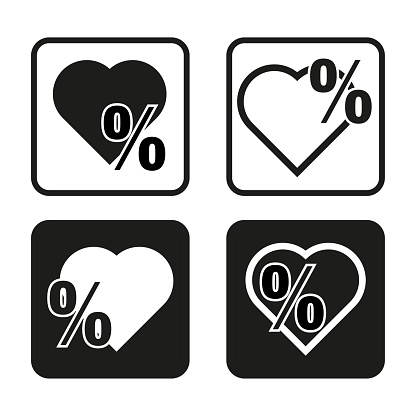 Percent sign in heart icon. Vector illustration. EPS 10. Stock image.