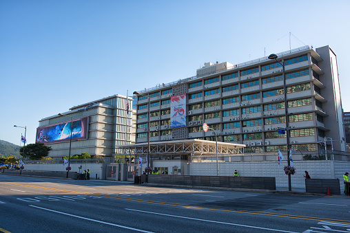 Seoul, Korea - October 2nd 2023, Its the US Embassy in Seoul and  National Museum of Korean Contemporary History at Sejongdaero Street in Downtown Seoul Korea during Korean Thanksgiving Holidays. 서울 세종대로 미국대사관 대한민국 역사박물관