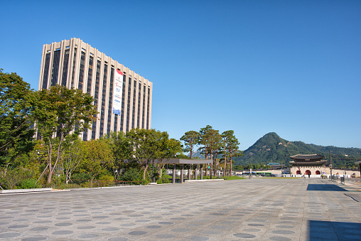 Seoul, Korea - October 2nd 2023, Its the Seoul Government Complex Building at Gwanghwamun Square of Sejongdaero Street in Downtown Seoul Korea during Korean Thanksgiving Holidays. 서울 세종대로 정부서울청사 광화문 광장