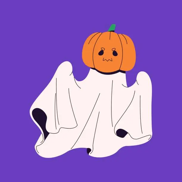 Vector illustration of Ghost with pumpkin head. Cute spook flying to carnival. Friendly phantom in costume for masquerade. Funny spirit with jack face. Celebration of Helloween party. Flat isolated vector illustration