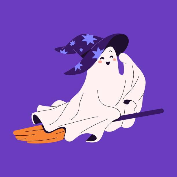 ilustrações de stock, clip art, desenhos animados e ícones de friendly ghost fly on broomstick. cute spook flying on broom. happy phantom in witch pointed hat. baby spirit in wizard costume. halloween party decoration, print. flat isolated vector illustration - witch voodoo smiling bizarre