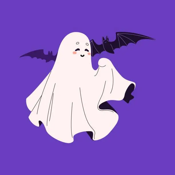 Vector illustration of Halloween spook fly with bat. Cute ghost glad to see creepy flying vampire. Friendly spirit smile. Funny white phantom with happy face. Helloween decoration. Flat isolated vector illustration