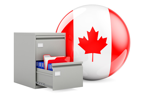Database in Canada, concept. Folders in filing cabinet with Canadian flag, 3D rendering isolated on white background