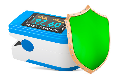 Portable Pulse Oximetry, pulse oximeter fingertip with shield, 3D rendering isolated on white background