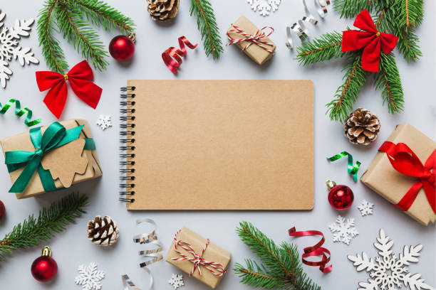Christmas blank greeting card mock-up scene. Creative layout made of Christmas tree branches and paper card note. Flat lay. Nature New Year concept.