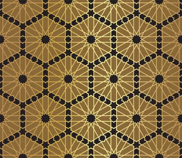 Vector illustration of Gold and black Arabic pattern. Ornamental geometric fabric swatch close-up.