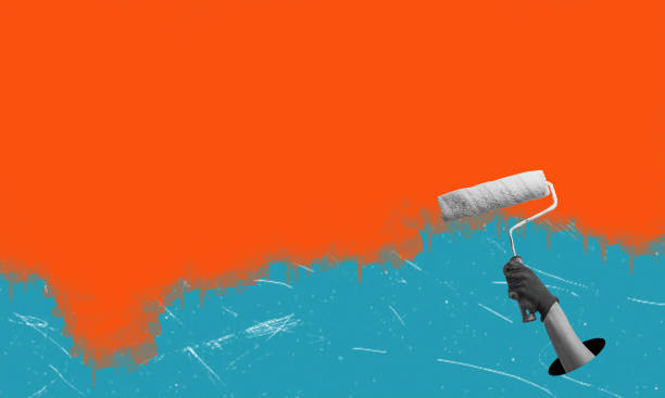 istock Contemporary art collage. Creative design. Young male decorator drawing with a roller on the wall. 1714706567