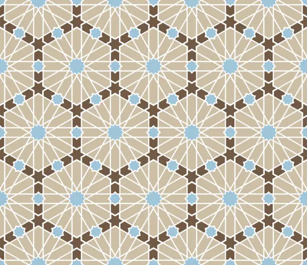 Vector illustration of Blue and brown Arabic pattern. Ornamental geometric fabric swatch close-up.