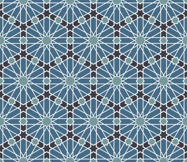 Vector illustration of Blue Arabic pattern. Ornamental geometric fabric swatch close-up.
