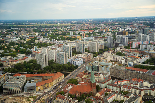 Aerial view of Berlin towards the Ruins of the Franciscan monastery church with lot of large flats in behind it